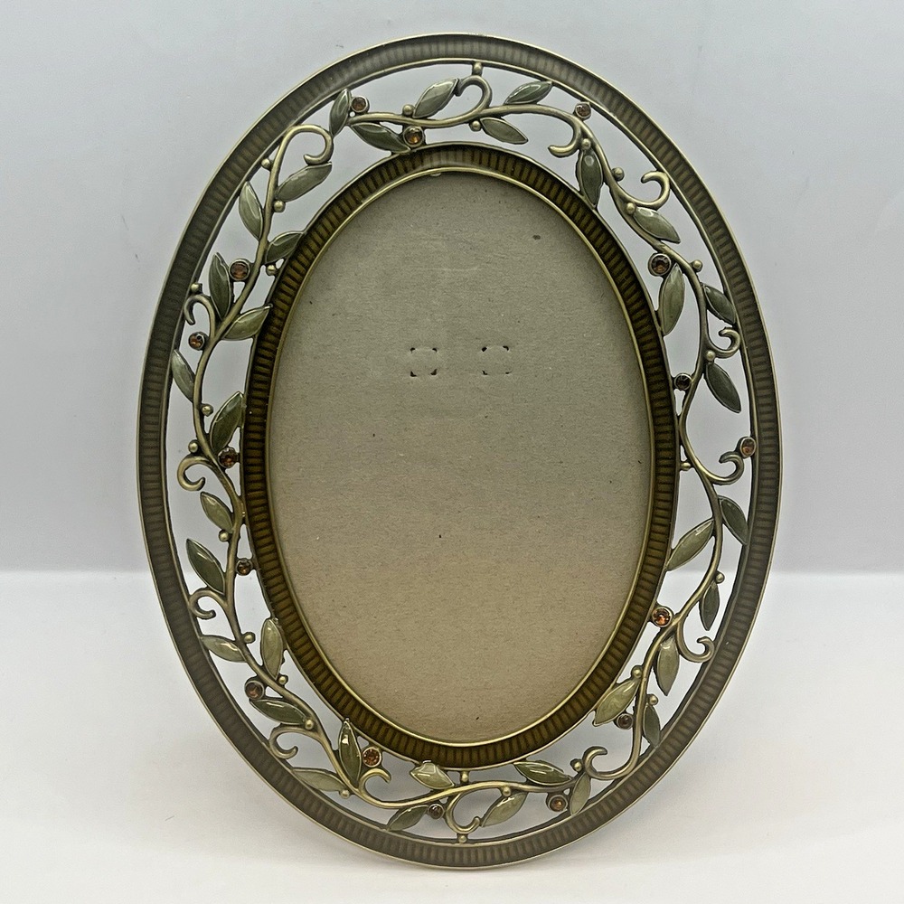 Vintage Style Oval Metal Vine Picture Frame Enamel Leaves Rhinestones 4x6